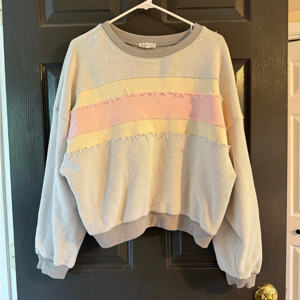 AEMI+CO Gray Textured Knit Sweater Pink Yellow Size Large